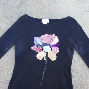 Vintage Cache Black Sequin Flower Sweater Women’s Large Ramie Cotton 90s Y2K